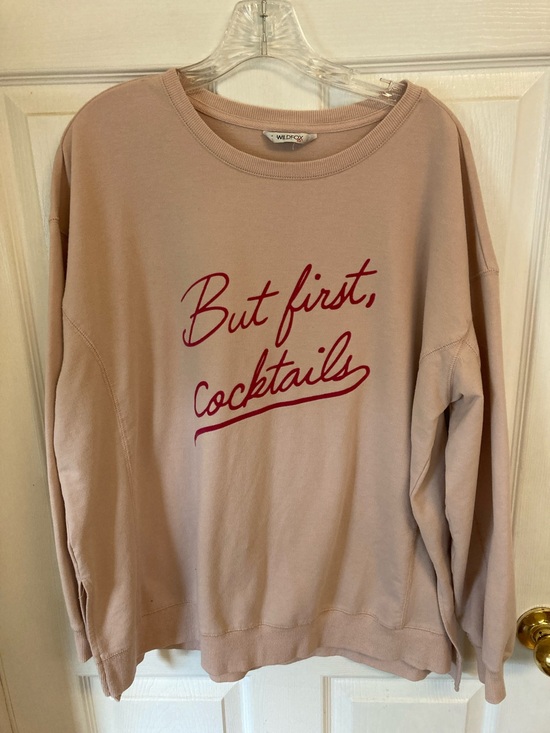 Wildfox Sweaters - Wildfox blush pink oversized crewneck fuchsia script “But first cocktails”